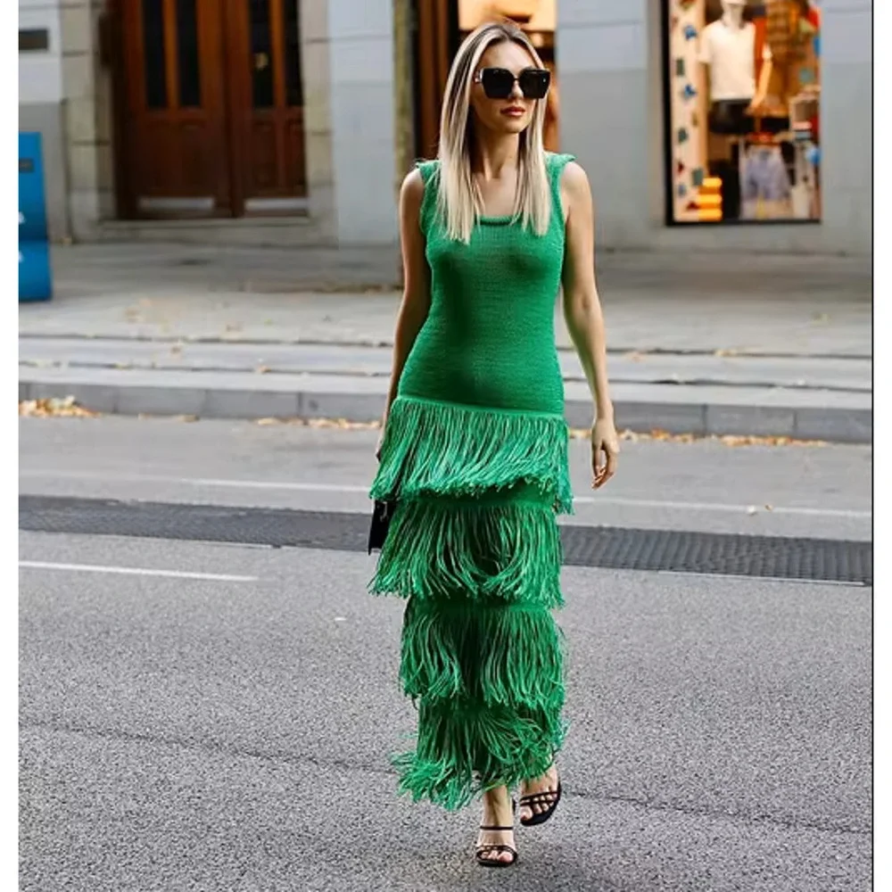 Mango Bright Green Tiered Fringe Maxi Dress - Picture 10 of 16